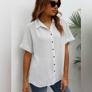 Felina XL Button Front Top Collared Short Sleeve Lace Detail Shirt AQUA